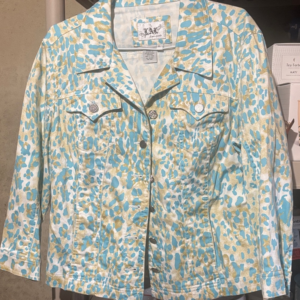 Live a little Jacket sz PL Blue and Gold Patterned Jean
